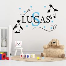 Funny Penguins Snowflakes Curved Lines and Custom Name Wall Decal with Initial - - £77.67 GBP