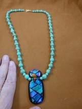 D1H-901) Teal + Blue Dichroic Fused Glass Pendant 24&quot; Turquoise Beaded Necklace - £130.03 GBP