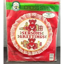 Vintage 80s Seasons Greetings Teddy Bear Cross Stitch Kit Colortex Stamped 3752 - £8.58 GBP