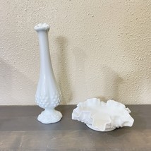 Fenton White Milk Glass Hobnail Round Crimped trinket dish &amp; swung bud vase - $16.82
