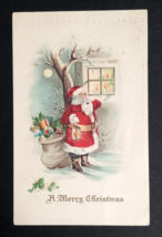 Santa in Snow Outside Window w/ Pipe Holding Lantern Embossed Postcard c1910s - $9.99