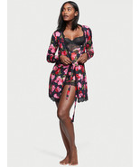 Victoria&#39;s Secret L SLIP DRESS+ROBE BLACK RED ROSE floral MODAL lace tri... - £111.58 GBP