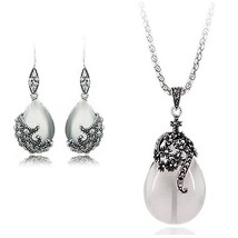 Vintage 925 Silver Jewelry Sets For Women Fashion Water Drop Shape Cat Eye Stone - £17.83 GBP