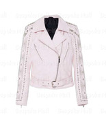 New Women&#39;s Baby Pink Silver Studded Designed Punk Leather Jacket With S... - $459.99