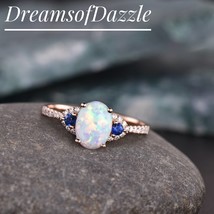 Vintage Fire Opal Ring, Blue Sapphire Wedding Ring, White Opal Engagement Ring,  - £57.86 GBP