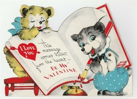Vintage Valentine Card Mechanical Dressed Bears Write With Ink Pen 1940&#39;s - £13.44 GBP