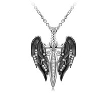Angel Wings Necklace With Sword Unisex Pendant Heart Stone Engagement Pendent - £147.75 GBP