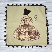 Vintage Pillow Cover Woman in Bonnet Stitched Patchwork Pom Fringed 17 x 17 - £19.76 GBP