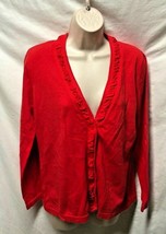 Jones Wear Womens Sz L Red Cardigan Sweater Button Up Ruffled Around Collar - $15.83