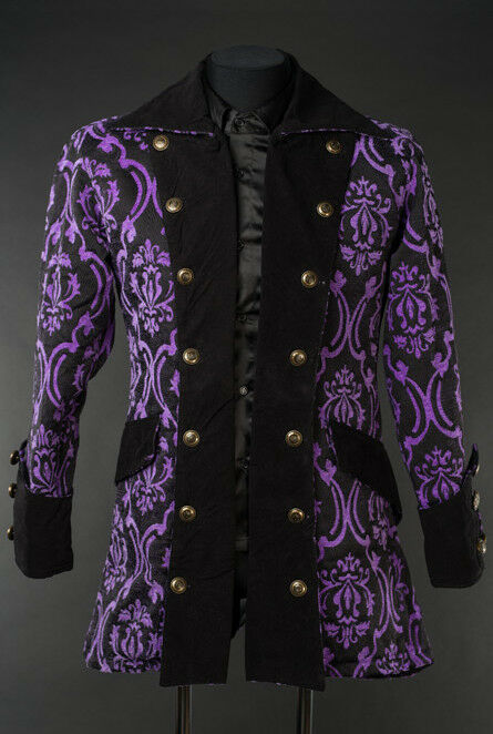 Primary image for Men's Black Purple Brocade Pirate Jacket Victorian Goth Vampire Officer Coat