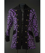 Men&#39;s Black Purple Brocade Pirate Jacket Victorian Goth Vampire Officer ... - £84.20 GBP