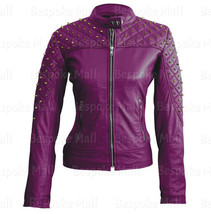 New Women Handmade Purple Golden Studded Brando Style Cowhide Leather Jacket-686 - £194.34 GBP