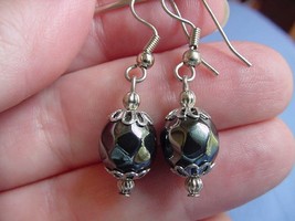(EE-330) soft faceted Black hematite bead silver wire dangle pair of EARRINGS - £7.58 GBP