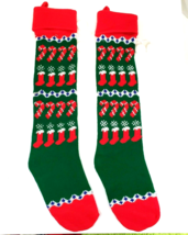 Vintage Candy cane pattern Knitted Christmas Stocking Acrylic set of 2 Red green - $13.99