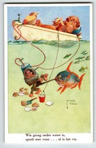 Monkey Scuba Diver Fish Bath Postcard Larson Wood Signed Fantasy Anthropomorphic - £18.39 GBP