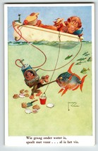 Monkey Scuba Diver Fish Bath Postcard Larson Wood Signed Fantasy Anthropomorphic - £18.18 GBP