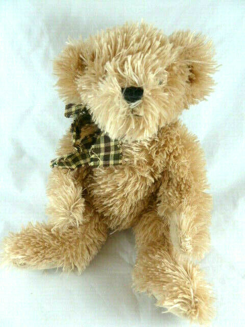 Primary image for GANZ Murdoch Teddy Bear plush Tan with Plaid  Bow Ribbon Bean bag Shaggy 10"