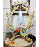 Rustic Double Deer Antlers With Feathers And Flowers Jewelry Tree Figurine - $934.63 MXN