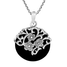 Daisy Vines Adorned Black Onyx Circle Disc Sterling Silver Necklace - £15.52 GBP