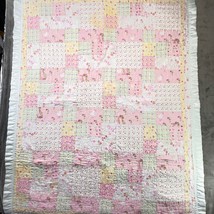 Patchwork Baby Quilt Lamb Flowers Hearts Pink Yellow White 36x46 - $360.80 MXN