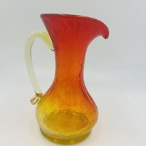 Pitcher Vase Crackle Glass Amberina Hand Blown Art Mini Vintage Red Yellow - £36.03 GBP