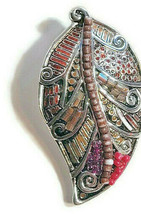 Leaf Shape Glass Beads Pendant Charm Silver-tone 2.5&quot; Long Unknown Artist - £20.03 GBP
