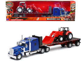 Kenworth W900 Truck with Flatbed Trailer Blue Metallic with Farm Tractor Red &quot;Lo - £55.07 GBP