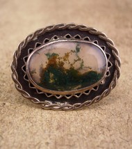 Antique Moss Agate brooch  / sterling picture agate pin / silver haunted brooch  - £99.79 GBP