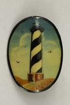 Vintage Costume Jewelry Hand Painted Wood RUSSIAN Lighthouse Oval Brooch Pin - $24.65