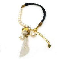Beautifully Subtle White Tulip Stone &amp; Pearls on Braided Leatherette Bracelet - £6.96 GBP