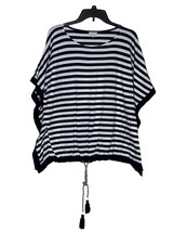 Talbots Women&#39;s Top Poncho Coverup Striped Cotton Tasseled White Black Small - £15.81 GBP