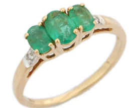 14K Yellow Gold Triple Oval Emerald Diamond Ring - £338.52 GBP