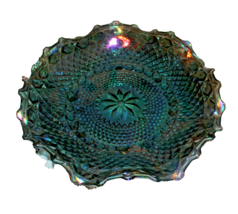 Iridescent Blue Carnival Indiana Glass Scallop Edge Starburst Diamond Bowl Dish - £12.78 GBP