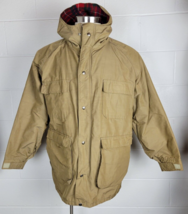 Vtg Woolrich 6109 Tan Cotton Nylon Hooded Chore Jacket Coat Plaid Lining USA  L - £42.72 GBP