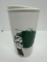 Starbucks Ceramic 12oz Tumbler Travel Mug Green Dot Finger Painting - 2015 - £9.58 GBP
