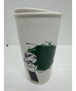 Starbucks Ceramic 12oz Tumbler Travel Mug Green Dot Finger Painting - 2015 - £9.58 GBP