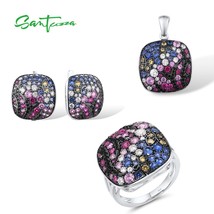 Jewelry Set For Women 925 Sterling Silver Dazzling Pink Blue Stones Square Penda - £137.82 GBP