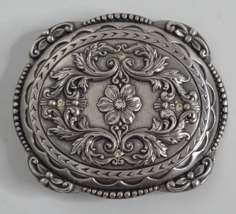 Detailed Rhinestone Flower Theme Vintage Silver Color Western Belt Buckle - £26.31 GBP