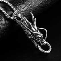 Punk Dragon Head Ring Pendant Animal Necklace Retro Biker Jewelry For Men 24&quot; - £9.58 GBP