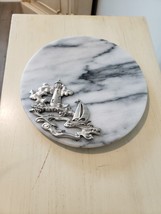 Round Marble Cheese Bread Platter Pewter Lighthouse Ocean Sailing Sea Scene - $15.84