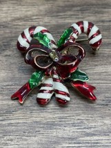 Vintage Enamel Christmas Xmas Holiday Candy Cane Bow Brooch Pin KG JD - $9.89