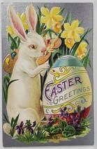 Easter Greetings Embossed Bunny Painting Egg Shimmering Silver c1910 Postcard R9 - £15.65 GBP