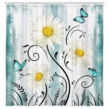 Farmhouse Shower Curtain For Kids, Farm Teal Daisy Floral Flowers And Butterfly  - $37.99