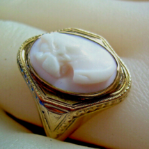 Antique Victorian Deco Ring Solid Gold Intaglio Portrait Coral Cameo 6.5 - £949.63 GBP