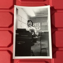 Woman Smiling Using Underwood Typewriter Photograph 3.25 x 4.5 Vintage 1956 - £6.72 GBP