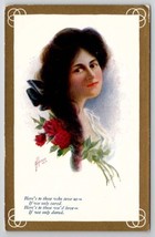 Lovely Woman  Long Brown Hair Red Roses Artist Signed Postcard E30 - £7.14 GBP