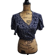 Lily White Navy Blue Paisley Wrap Crop Top Short Sleeve Blouse XS - $14.84