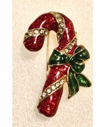 Vintage ~ OTC Signed Red Green Enamel Rhinestone Christmas Candy Cane Br... - $23.85 CAD