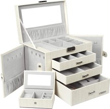 White Wood Grain Homde Jewelry Box For Women Girls With Small Travel Case Mirror - £40.59 GBP