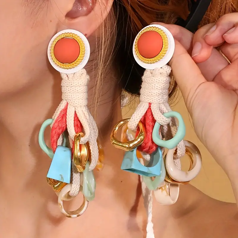Boho-Chic Long Tassel Earrings - Colorful Polyester Dangle Design, Stain... - $17.69 CAD